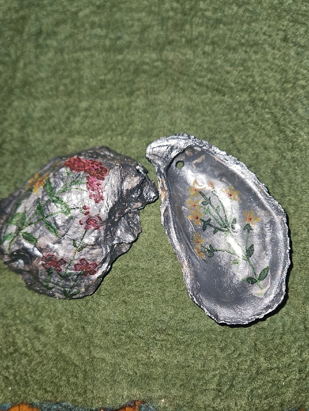 Handmade Floral Decoupaged Oyster Shell Bowls / Ornament/ Painted Silver.